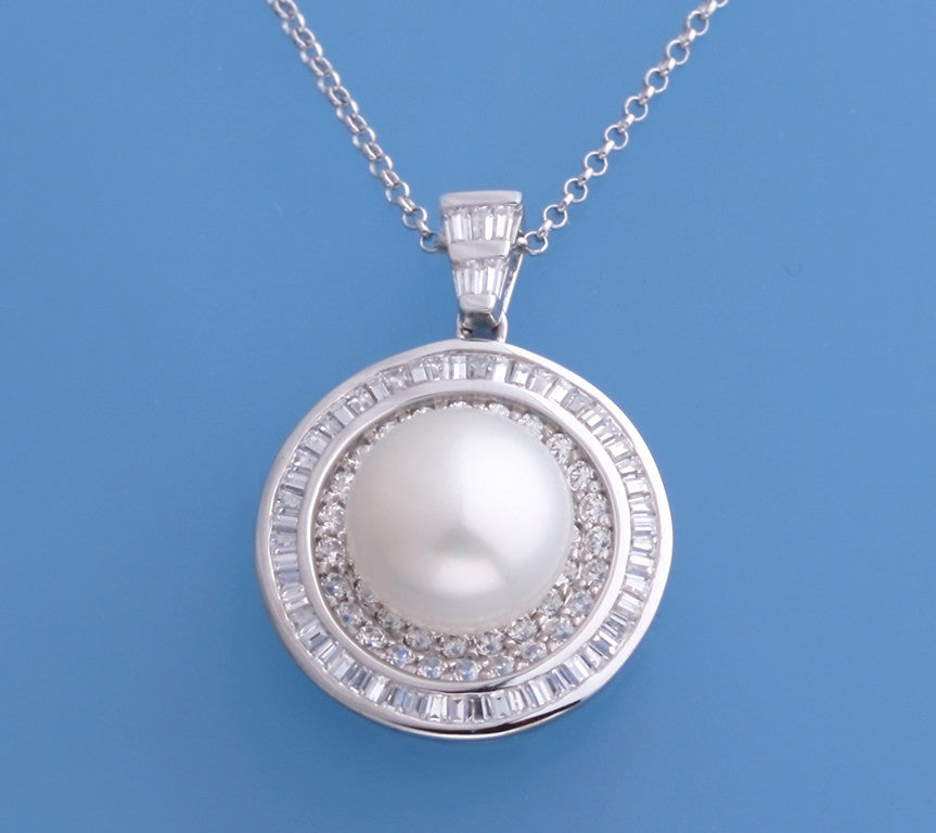 Sterling Silver Pendant with 11-11.5mm Button Shape Freshwater Pearl and Cubic Zirconia - Wing Wo Hing Jewelry Group - Pearl Jewelry Manufacturer