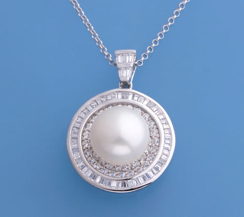 Sterling Silver Pendant with 11-11.5mm Button Shape Freshwater Pearl and Cubic Zirconia