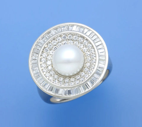 Sterling Silver Ring with 8-8.5mm Button Shape Freshwater Pearl and Cubic Zirconia