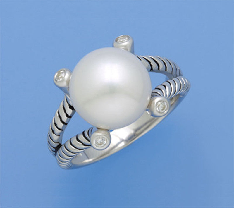 White and Black Plated Silver Ring with 10.5-11mm Button Shape Freshwater Pearl and Cubic Zirconia - Wing Wo Hing Jewelry Group - Pearl Jewelry Manufacturer