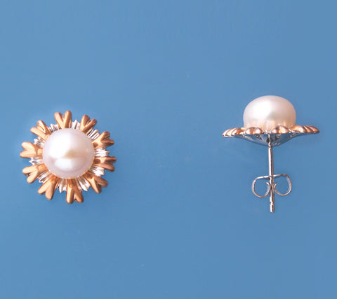 Sterling and Rose Gold Plated Silver Earrings with 8.5-9mm Button Shape Freshwater Pearl