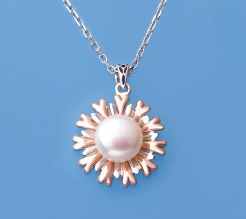 Sterling and Rose Gold Plated Silver Pendant with 9.5-10mm Button Shape Freshwater Pearl