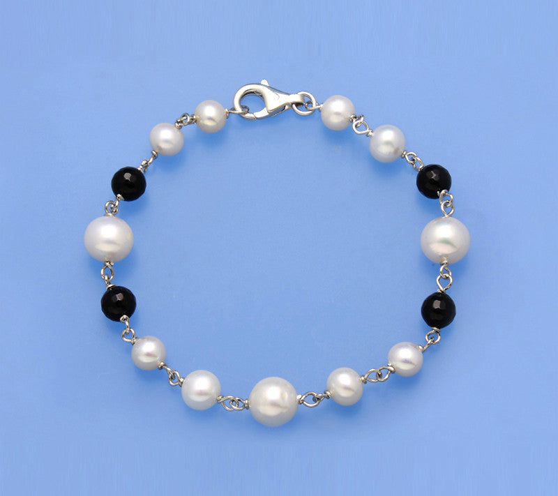 Sterling Silver Bracelet with Potato Shape Freshwater Pearl and Black Agate - Wing Wo Hing Jewelry Group - Pearl Jewelry Manufacturer