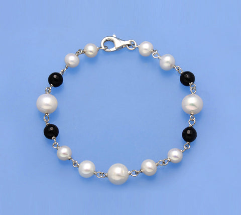 Sterling Silver Bracelet with Potato Shape Freshwater Pearl and Black Agate