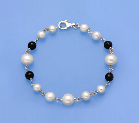 Sterling Silver Bracelet with Potato Shape Freshwater Pearl and Black Agate