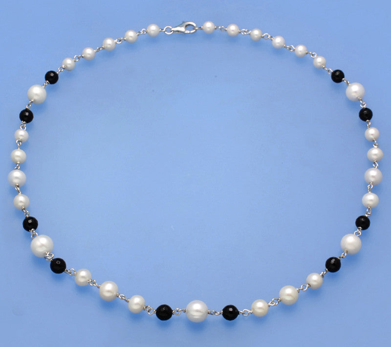 Sterling Silver Necklace with Potato Shape Freshwater Pearl and Black Agate - Wing Wo Hing Jewelry Group - Pearl Jewelry Manufacturer