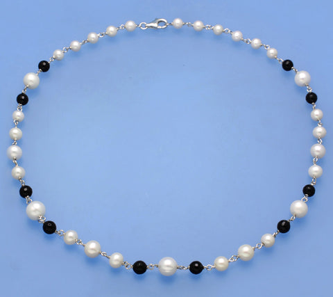 Sterling Silver Necklace with Potato Shape Freshwater Pearl and Black Agate