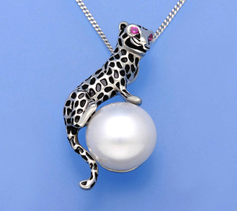 Sterling Silver Pendant with 11.5-12mm Button Shape Freshwater and Red Corundum