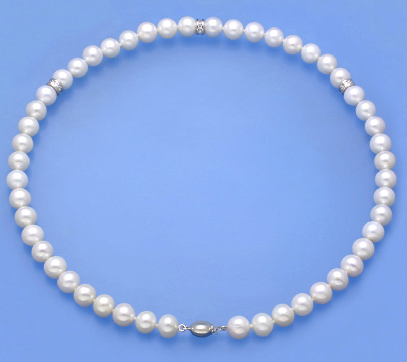 Sterling Silver Necklace with 8-8.5mm Round Shape Freshwater Pearl and Cubic Zirconia - Wing Wo Hing Jewelry Group - Pearl Jewelry Manufacturer