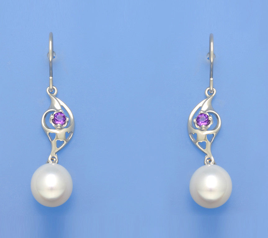 Sterling Silver Earrings with 9.5-10mm White Drop Shape Freshwater Pearl and Amethyst - Wing Wo Hing Jewelry Group - Pearl Jewelry Manufacturer