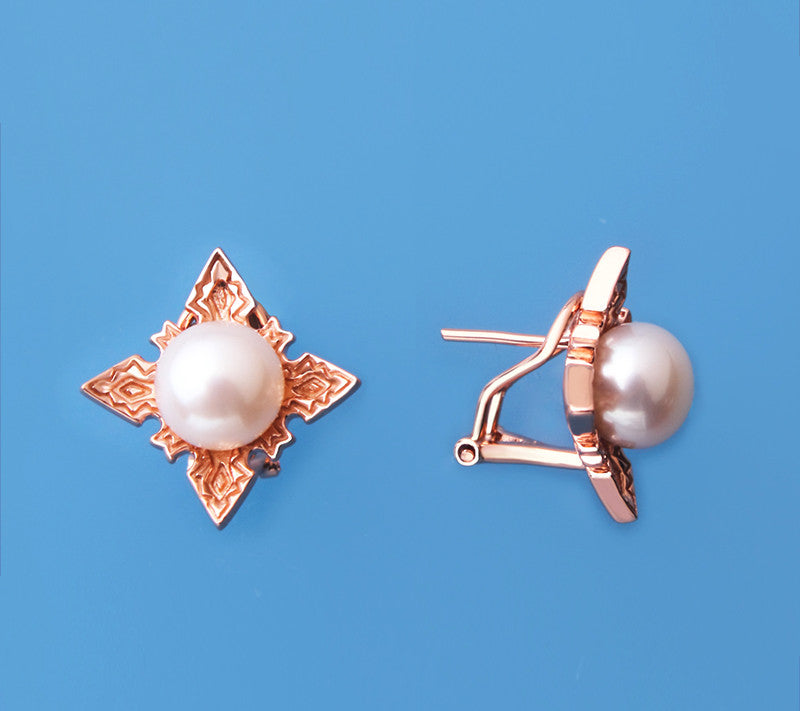 Rose Gold Plated Silver Earrings with 8.5-9mm Button Shape Freshwater Pearl - Wing Wo Hing Jewelry Group - Pearl Jewelry Manufacturer