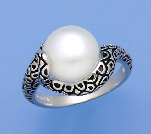 White and Black Plated Silver Ring with 10-10.5mm Button Shape Freshwater Pearl