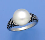 White and Black Plated Silver Ring with 11-11.5mm Button Shape Freshwater Pearl - Wing Wo Hing Jewelry Group - Pearl Jewelry Manufacturer