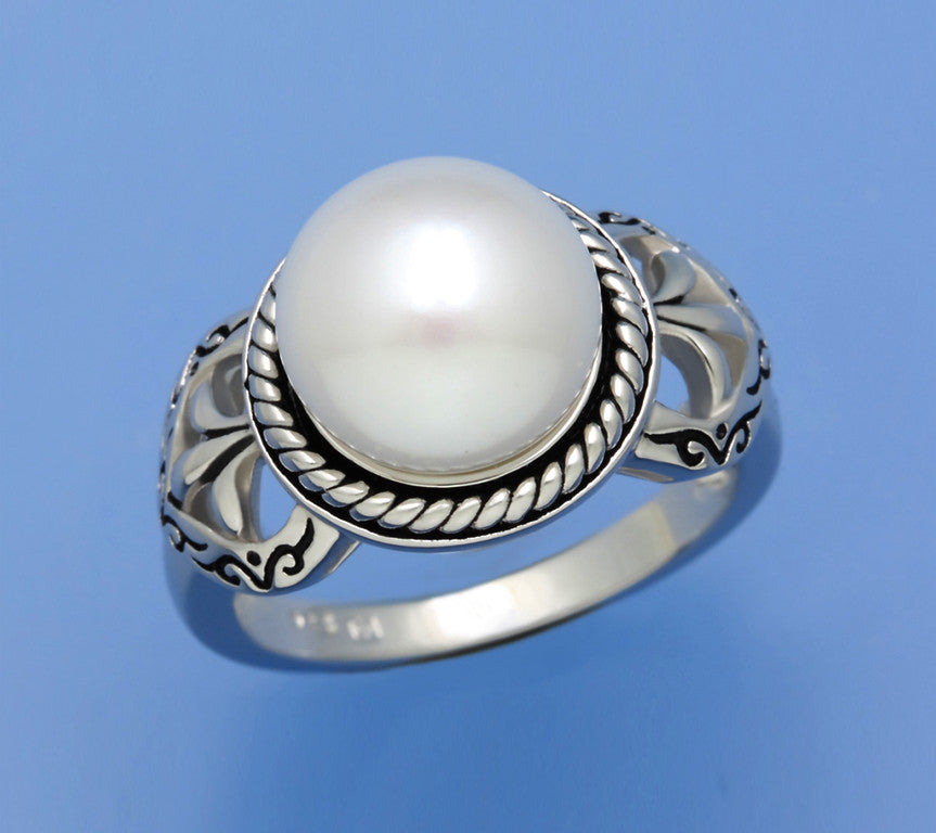 White and Black Plated Silver Ring with 10.5-11mm Button Shape Freshwater Pearl - Wing Wo Hing Jewelry Group - Pearl Jewelry Manufacturer