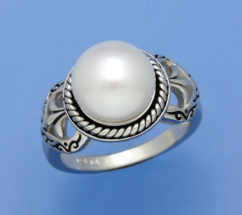 White and Black Plated Silver Ring with 10.5-11mm Button Shape Freshwater Pearl