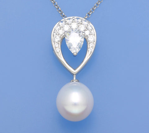Sterling Silver Pendant with 9.5-10mm Drop Shape Freshwater Pearl and Cubic Zirconia