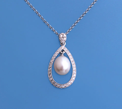 Sterling Silver with 7.5-8mm Oval Shape Freshwater Pearl and Cubic Zirconia Pendant