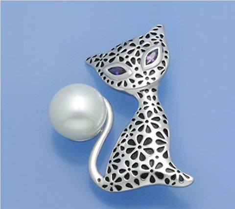 White and Black Plated Silver Brooch with 10-10.5mm White Button Shape Freshwater Pearl and Horse Eye Stone