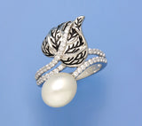 White and Black Plated Silver Ring with 9-9.5mm Oval Shape Freshwater Pearl and Cubic Zirconia - Wing Wo Hing Jewelry Group - Pearl Jewelry Manufacturer