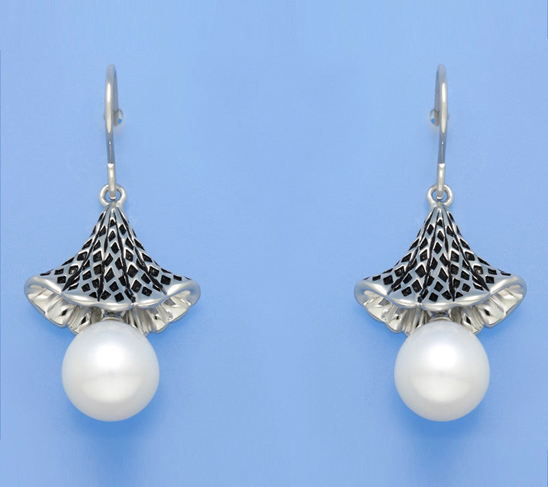 White and Black Plated Silver Earrings with 9.5-10mm Drop Shape Freshwater Pearl - Wing Wo Hing Jewelry Group - Pearl Jewelry Manufacturer