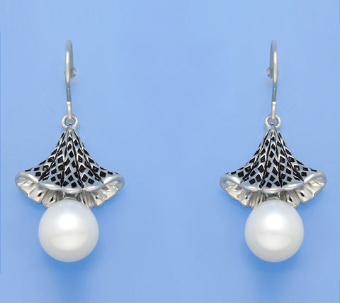 White and Black Plated Silver Earrings with 9.5-10mm Drop Shape Freshwater Pearl