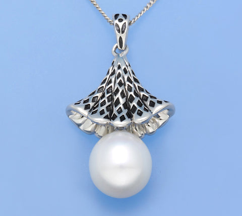 White and Black Plated Silver Pendant with 10-10.5mm Drop Shape Freshwater Pearl