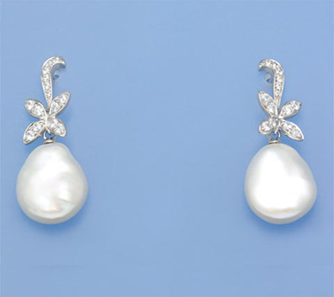 Sterling Silver Earrings with 12-12.5mm Baroque Shape Freshwater Pearl and Cubic Zirconia