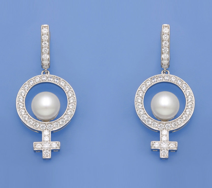 Sterling Silver Earrings with 9-9.5mm Button Shape Freshwater Pearl and Cubic Zirconia - Wing Wo Hing Jewelry Group - Pearl Jewelry Manufacturer