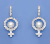 Sterling Silver Earrings with 9-9.5mm Button Shape Freshwater Pearl and Cubic Zirconia - Wing Wo Hing Jewelry Group - Pearl Jewelry Manufacturer