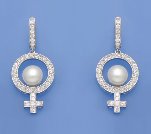 Sterling Silver Earrings with 9-9.5mm Button Shape Freshwater Pearl and Cubic Zirconia