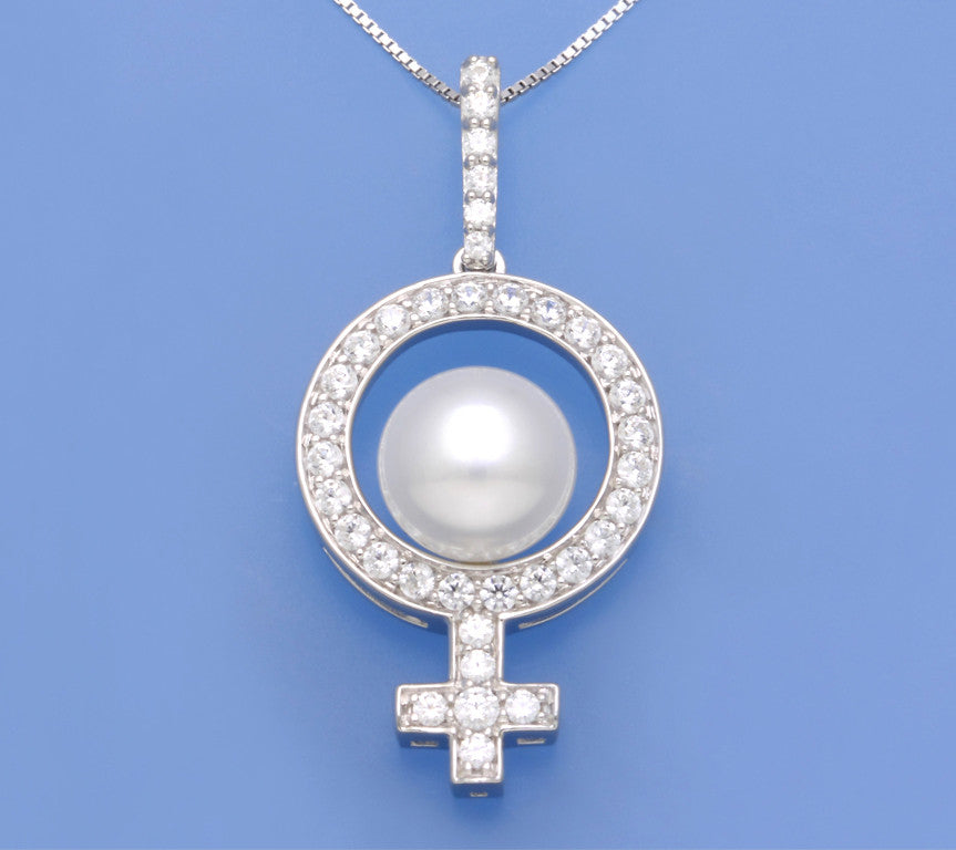 Sterling Silver Pendant with 10-10.5mm Button Shape Freshwater Pearl and Cubic Zirconia - Wing Wo Hing Jewelry Group - Pearl Jewelry Manufacturer