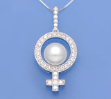Sterling Silver Pendant with 10-10.5mm Button Shape Freshwater Pearl and Cubic Zirconia - Wing Wo Hing Jewelry Group - Pearl Jewelry Manufacturer