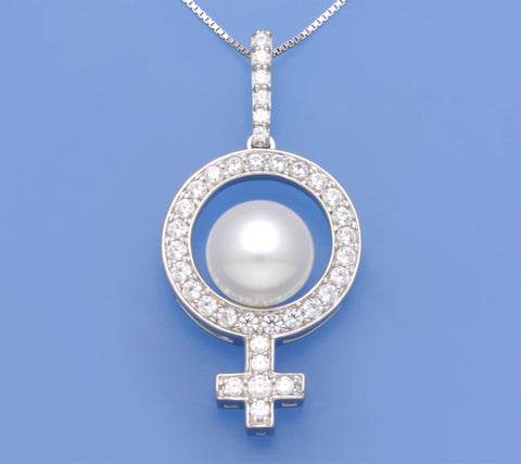 Sterling Silver Pendant with 10-10.5mm Button Shape Freshwater Pearl and Cubic Zirconia