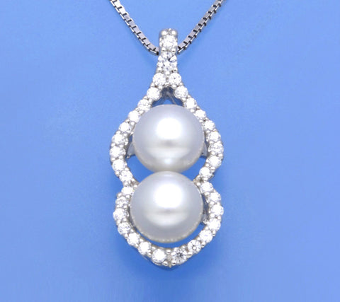 Sterling Silver Pendant with 6-6.5mm Button Shape Freshwater Pearl and Cubic Zirconia
