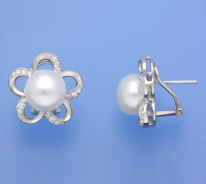 Sterling Silver Earrings with 10-10.5mm Button Shape Freshwater Pearl and Cubic Zirconia - Wing Wo Hing Jewelry Group - Pearl Jewelry Manufacturer