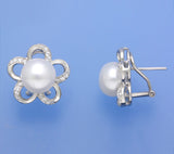Sterling Silver Earrings with 10-10.5mm Button Shape Freshwater Pearl and Cubic Zirconia - Wing Wo Hing Jewelry Group - Pearl Jewelry Manufacturer