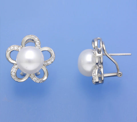 Sterling Silver Earrings with 10-10.5mm Button Shape Freshwater Pearl and Cubic Zirconia