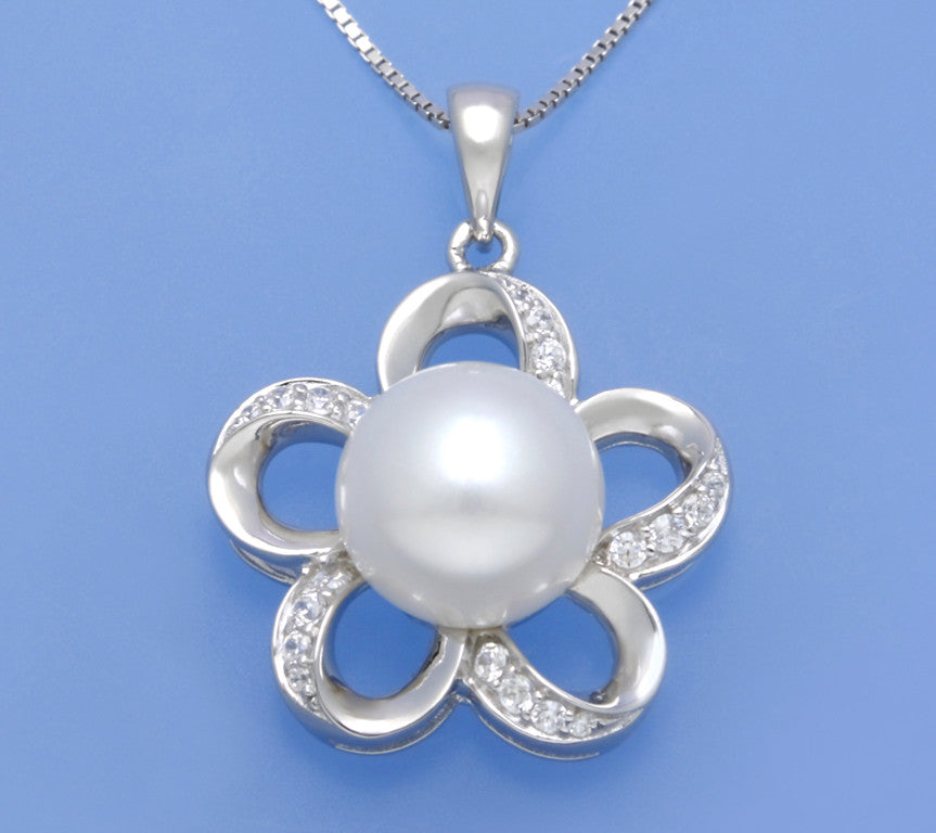 Sterling Silver Pendant with 10-10.5mm Button Shape Freshwater Pearl and Cubic Zirconia - Wing Wo Hing Jewelry Group - Pearl Jewelry Manufacturer