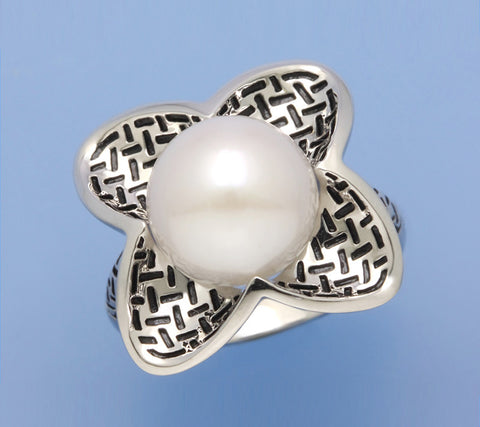 White and Black Plated Silver Ring with 11-11.5mm Button Shape Freshwater Pearl