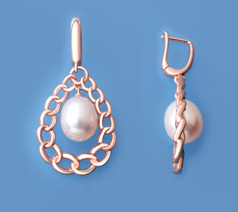 Rose Gold Plated Silver with 9-9.5mm Drop Shape Freshwater Pearl Earrings