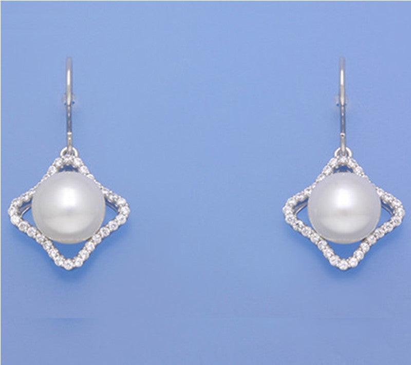 Sterling Silver Earrings with 10-10.5mm Button Shape Freshwater Pearl and Cubic Zirconia - Wing Wo Hing Jewelry Group - Pearl Jewelry Manufacturer
