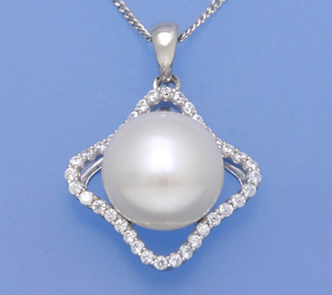 Sterling Silver Pendant with 11.5-12mm Button Shape Freshwater Pearl and Cubic Zirconia