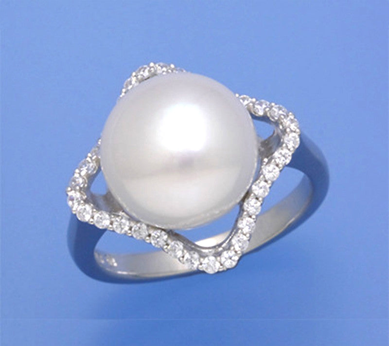 Sterling Silver Ring with 11.5-12mm Button Shape Freshwater Pearl and Cubic Zirconia - Wing Wo Hing Jewelry Group - Pearl Jewelry Manufacturer