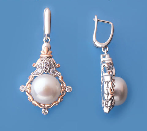 Sterling Silver Earrings with 11-11.5mm Button Shape Freshwater Pearl and Cubic Zirconia