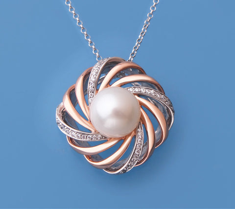 Rose Gold Plated Silver Pendant with 11-11.5mm Button Shape Freshwater Pearl and Cubic Zirconia
