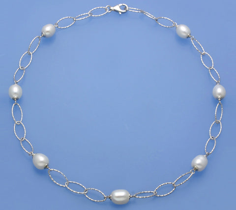 Sterling Silver Necklace with 8.5-9mm Oval Shape Freshwater Pearl