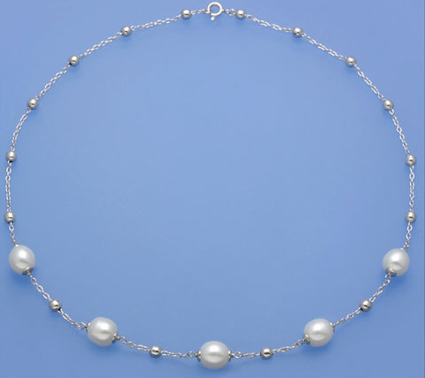 Sterling Silver Necklace with 8.5-9mm Oval Shape Freshwater Pearl