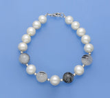 Sterling Silver Bracelet with 8.5-9.5mm Round Shape Freshwater Pearl and Black Rutilated Quartz - Wing Wo Hing Jewelry Group - Pearl Jewelry Manufacturer