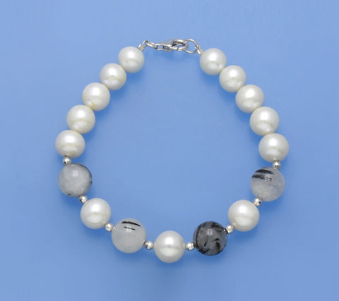 Sterling Silver Bracelet with 8.5-9.5mm Round Shape Freshwater Pearl and Black Rutilated Quartz