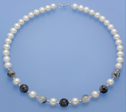 Sterling Silver Necklace with 8.5-9mm Round Shape Freshwater Pearl and Black Rutilated Quartz
